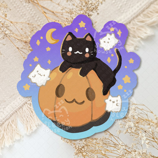 Sticker with a black cat on a pumpkin against a starry night background