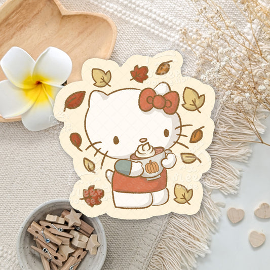 Sticker of a cartoon character with autumn elements on a neutral background