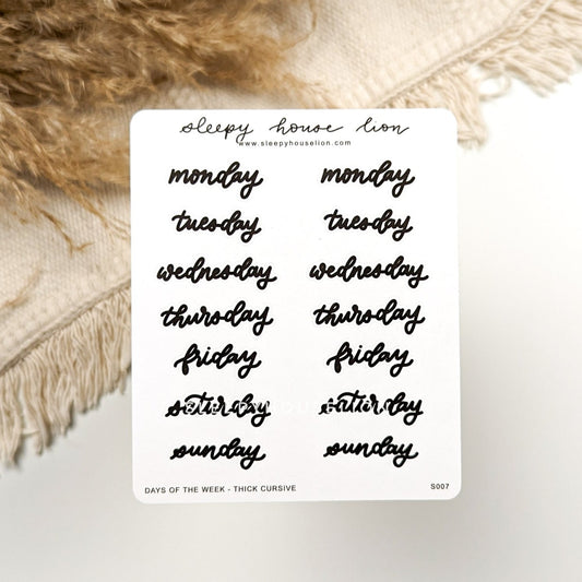 DAYS OF THE WEEK THICK CURSIVE STICKER SHEET